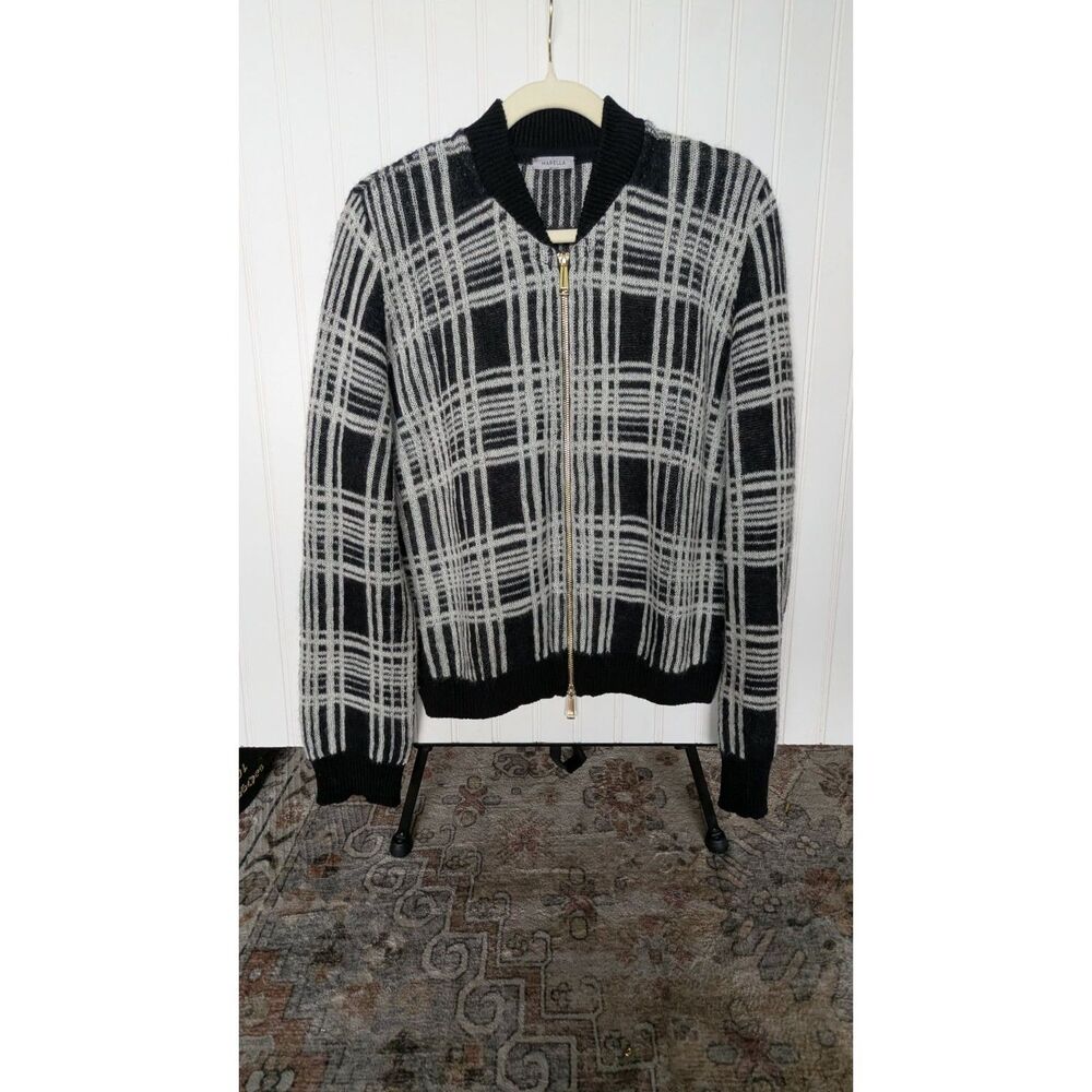 MARELLA Black and White Plaid Bomber Jacket  Knit Cardigan Gold Zipper L